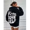 3 İplik Siyah Love Your Self Baskılı Unisex Hoodie