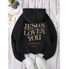 3 İplik Siyah Jesus Loves You Baskılı Unisex Hoodie