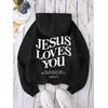 3 İplik Siyah Jesus Loves You Baskılı Unisex Hoodie